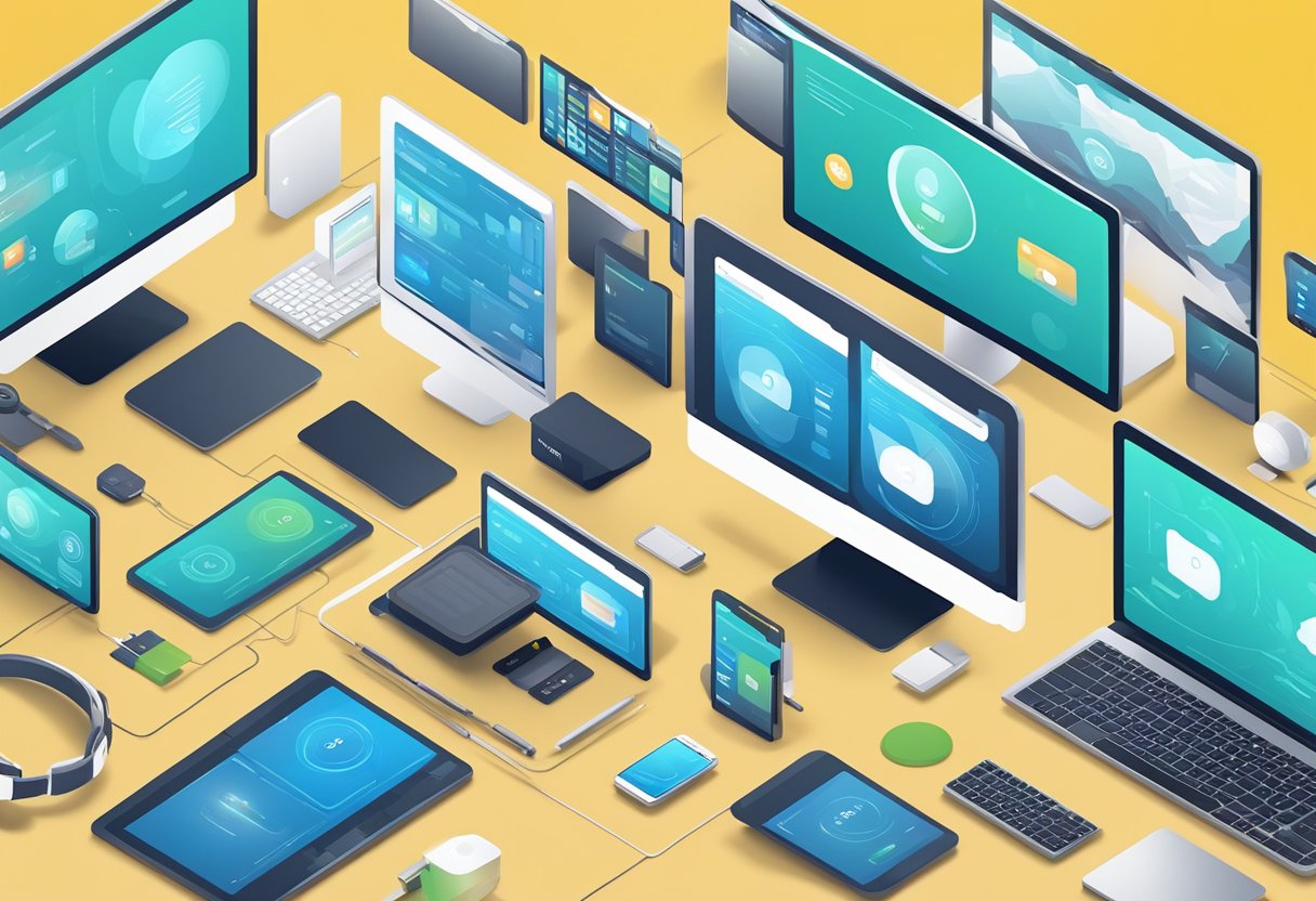 A bird's eye view of digital product platforms. Multiple screens and devices displaying various digital products and services